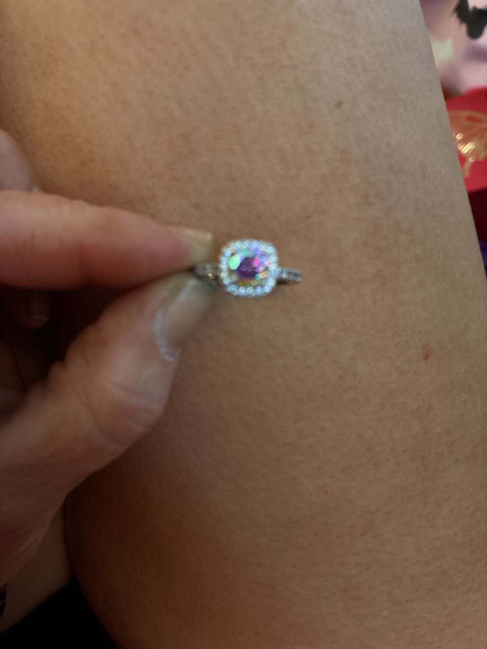Cushion Cut Rainbow Mossainite Halo Ring